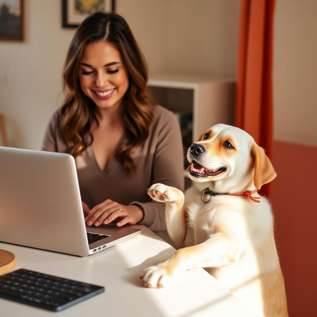 A woman working at her laptop with her dog's paws resting on her lap