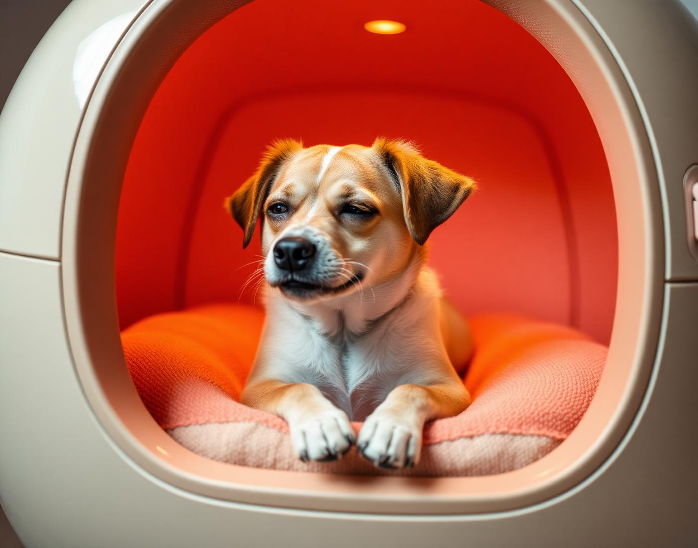 A relaxed small dog lying inside the PetMassager