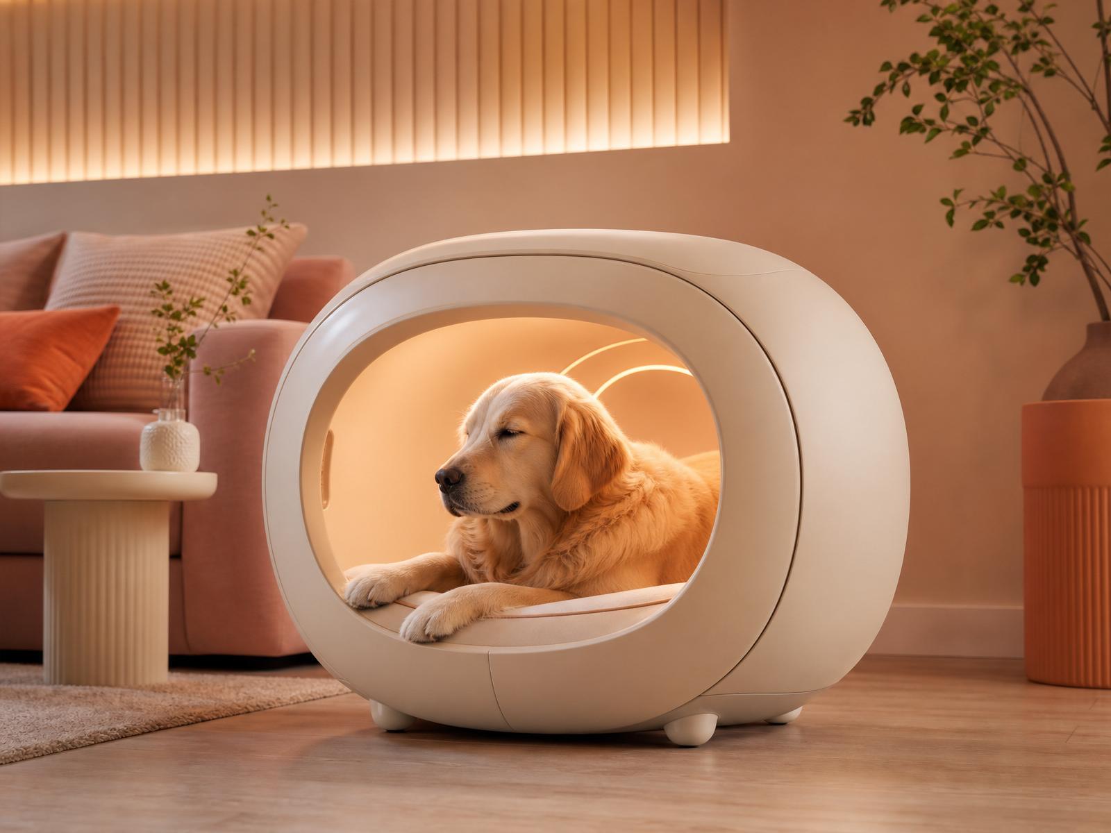 The Pawsa autonomous pet massager with a calm golden retriever resting inside