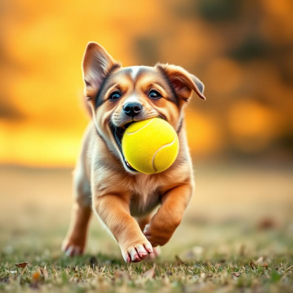 An energetic puppy running with a tennis ball in its mouth