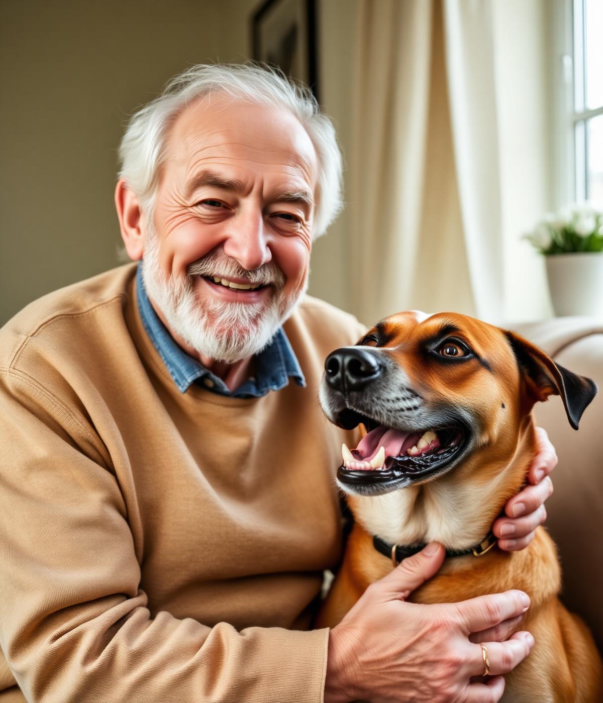 An elderly man smiling and hugging his happy dog